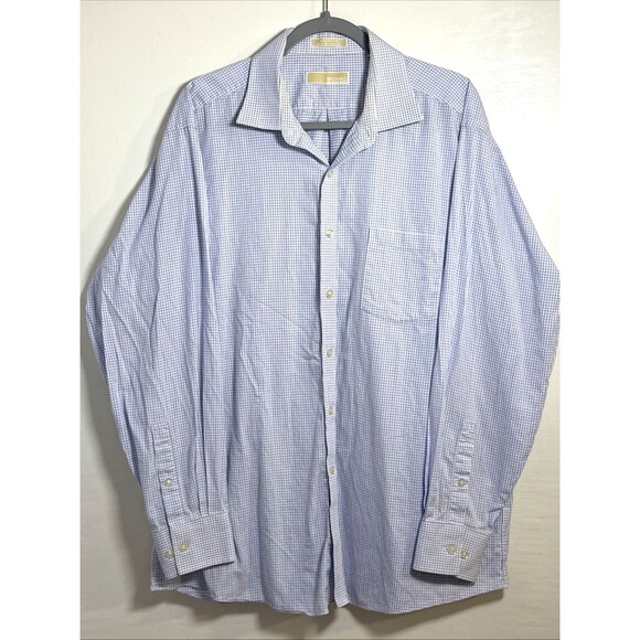 Michael Kors Mens Regular Fit Blue Check Long Sleeve Button Up Shirt 17.5  34/35 - Picture 1 of 10